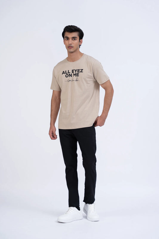 Beige Relaxed Fit Text T-Shirt Men Tee Summer V-3 2024 BACKDROP COUGAR- (Men V3 2024)