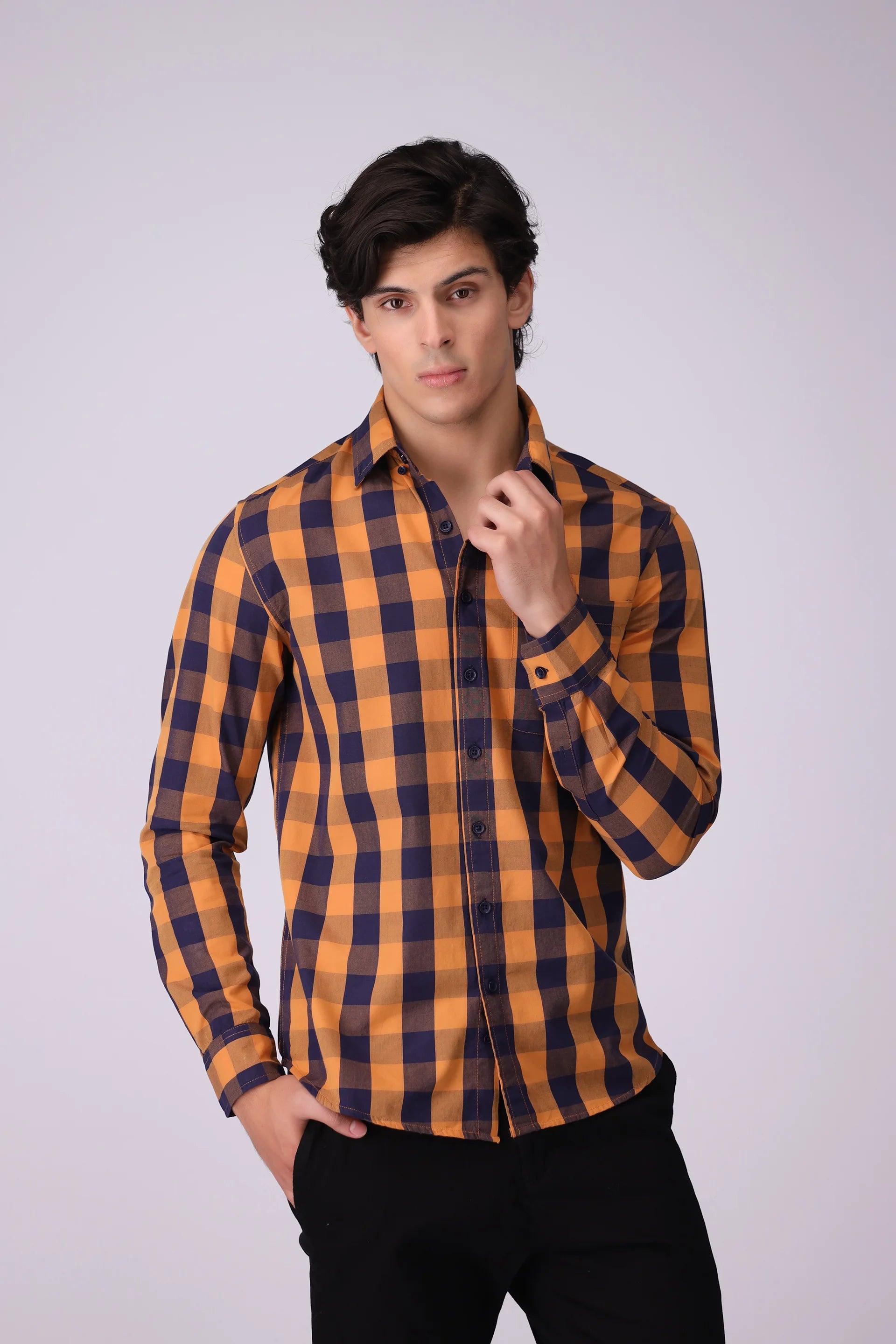 Regular Fit Checkered Shirt Men Shirt COUGAR (S V-1 2025) S Mustard Men