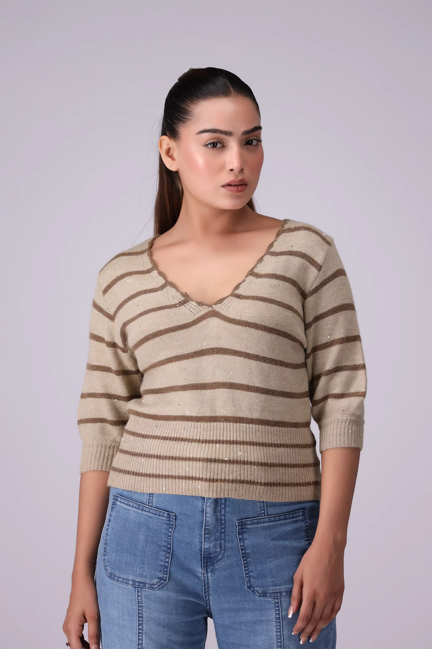 Shimmery Striped Sweater Women China-Sweater Winter 2024 Knit Story COUGAR- (Women Winter 2024) FSZ Brown Women