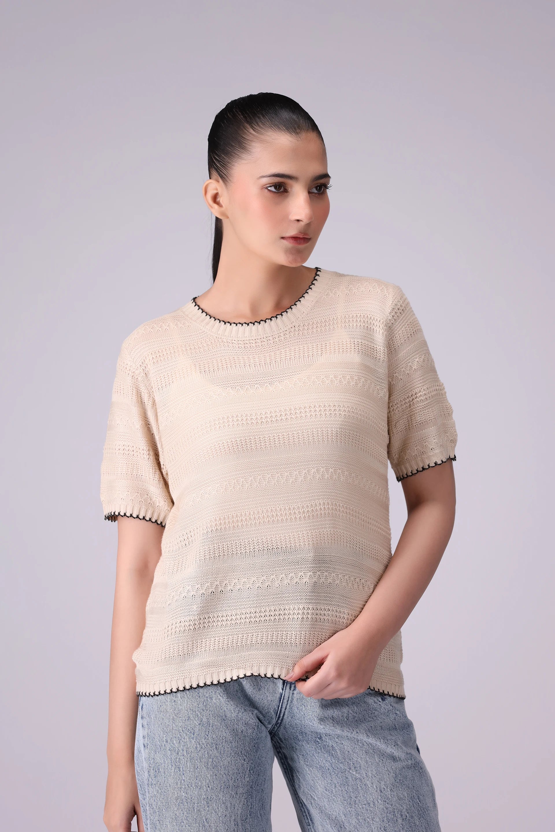 Contrast Trim T-Shirt Women China-Sweater Winter 2024 Knit Story COUGAR- (Women Winter 2024)   