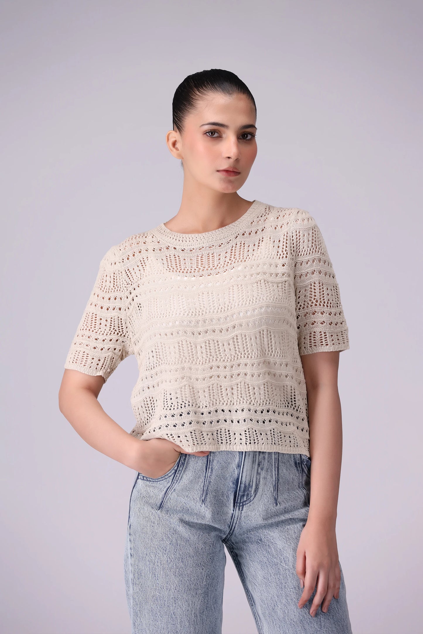 Crotchet Knit Sweater With Back Slit Women China-Sweater Winter 2024 Knit Story COUGAR- (Women Winter 2024)   