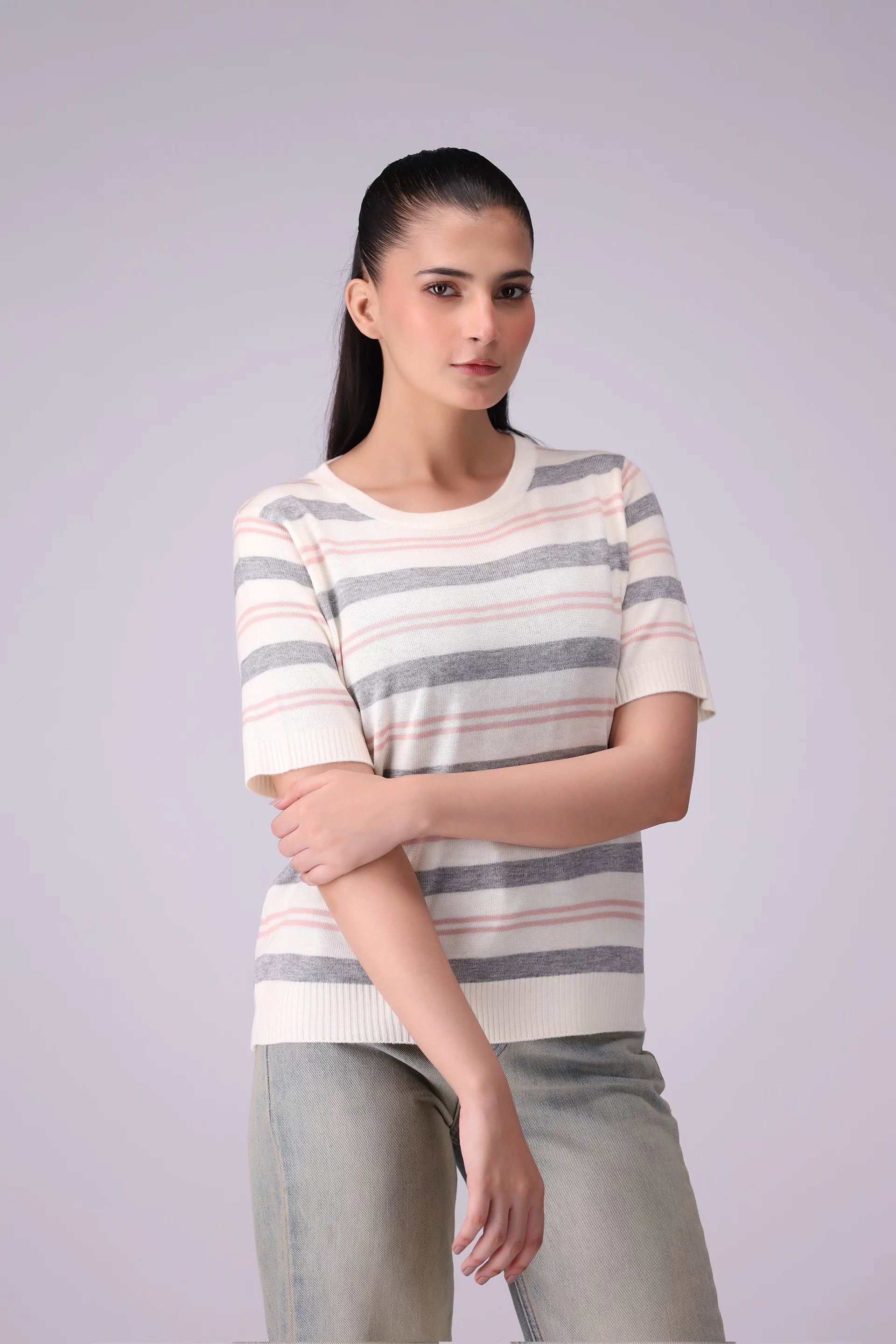 Striped Knit T-Shirt Women China-Sweater Winter 2024 Knit Story COUGAR- (Women Winter 2024)   