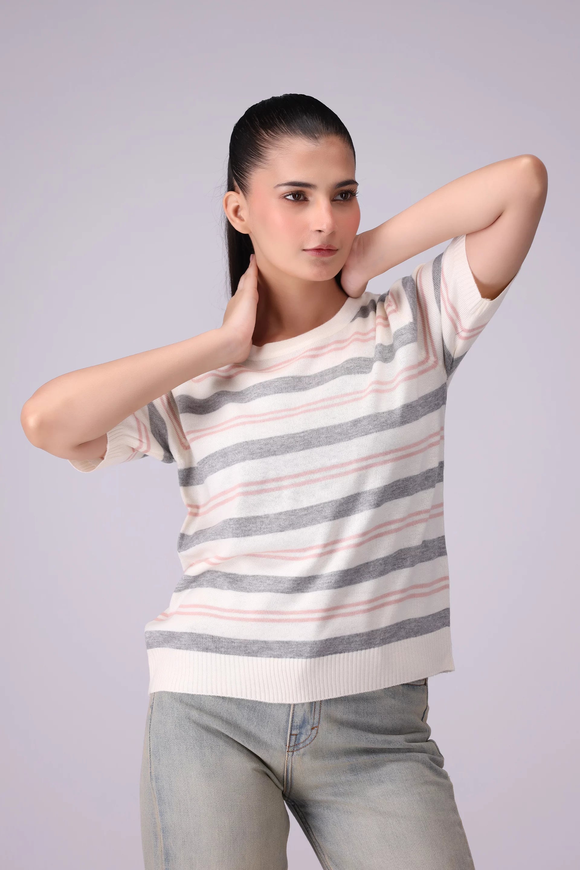 Striped Knit T-Shirt Women China-Sweater Winter 2024 Knit Story COUGAR- (Women Winter 2024) FSZ White Women