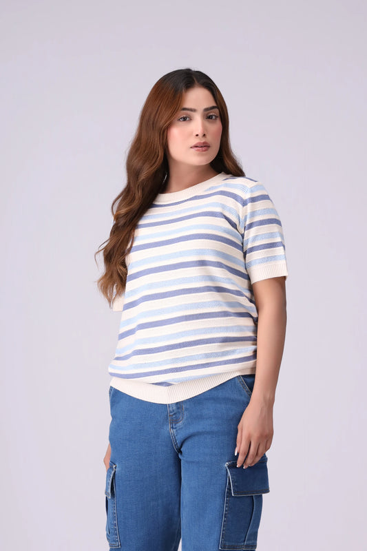 Striped Knit T-Shirt Women China-Sweater Winter 2024 Knit Story COUGAR- (Women Winter 2024) FSZ Blue