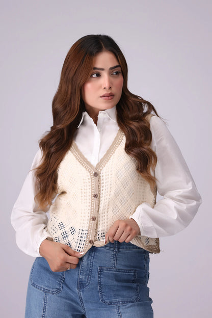 Crochet Button-Up Sweater Vest Women China-Sweater Winter 2024 Knit Story COUGAR- (Women Winter 2024) SM Skin 