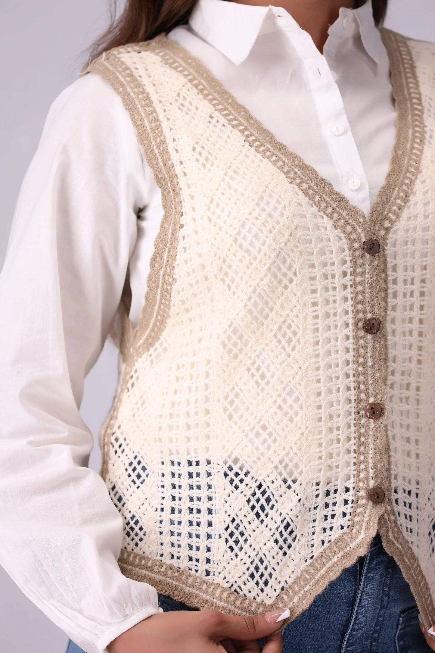 Crochet Button-Up Sweater Vest Women China-Sweater Winter 2024 Knit Story COUGAR- (Women Winter 2024)   