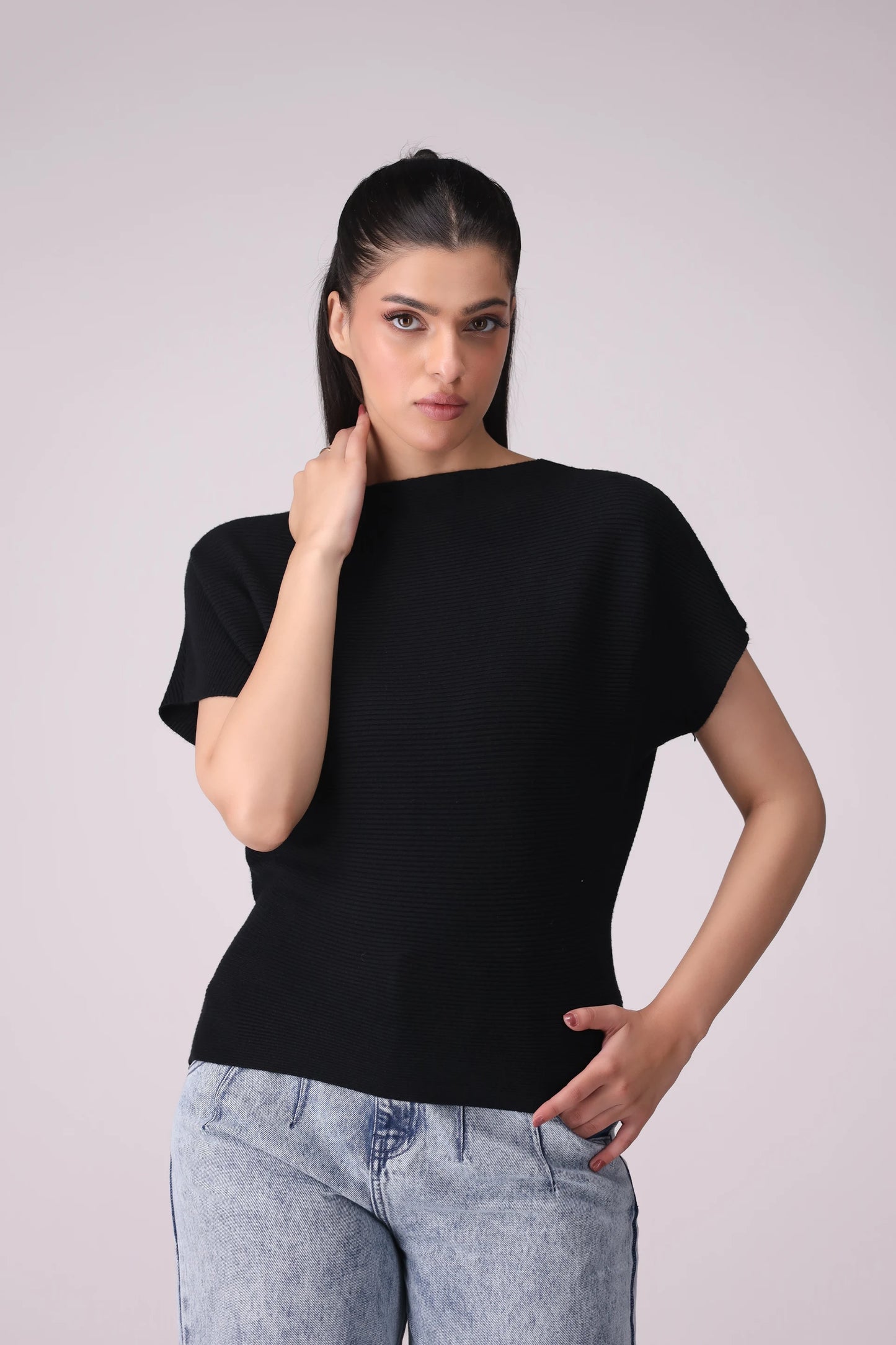 Boat Neck Short Sleeves Sweater