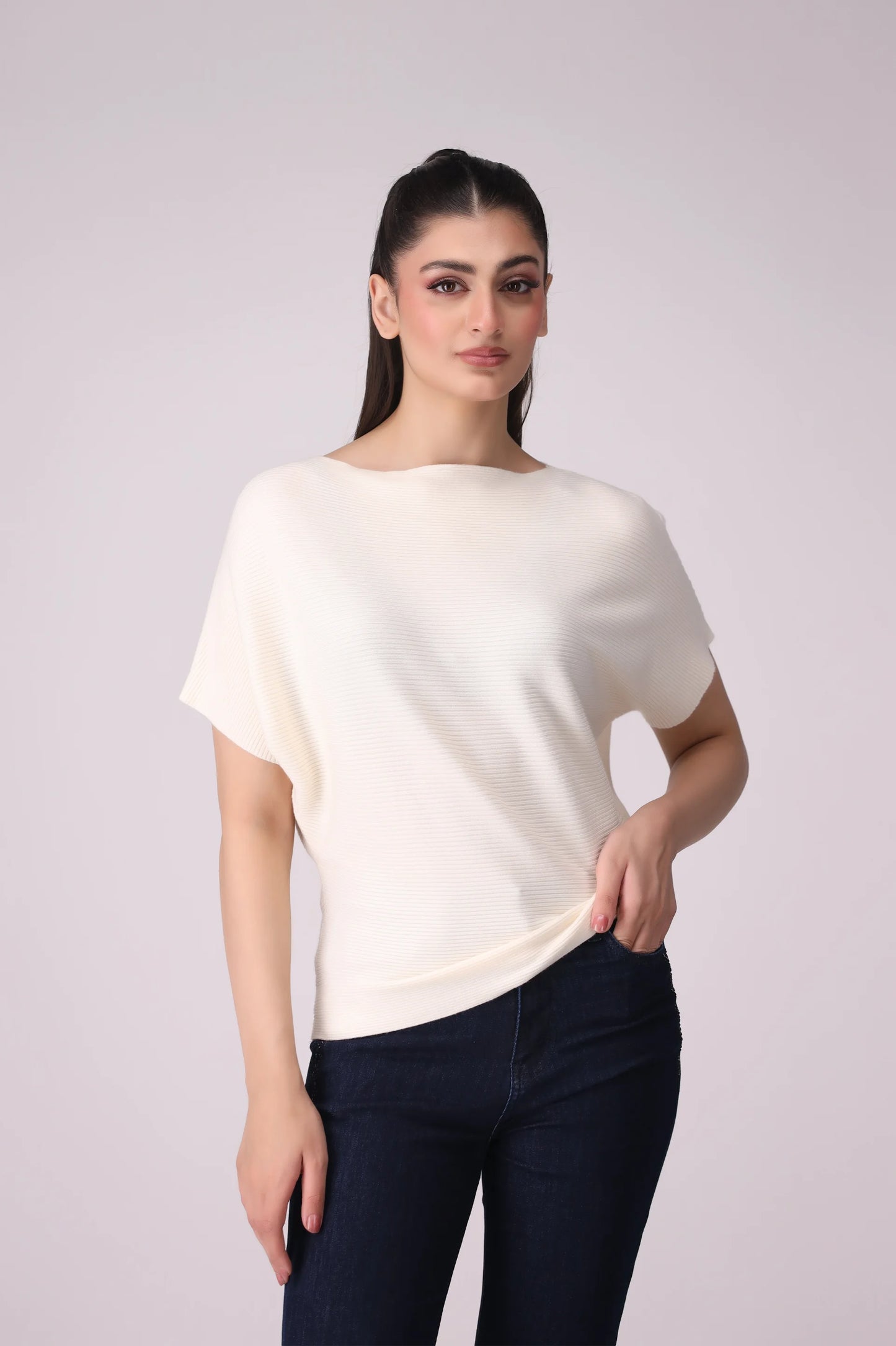 Boat Neck Short Sleeves Sweater Women China-Sweater Winter 2024 Knit Story COUGAR- (Women Winter 2024) FSZ Cream White Women