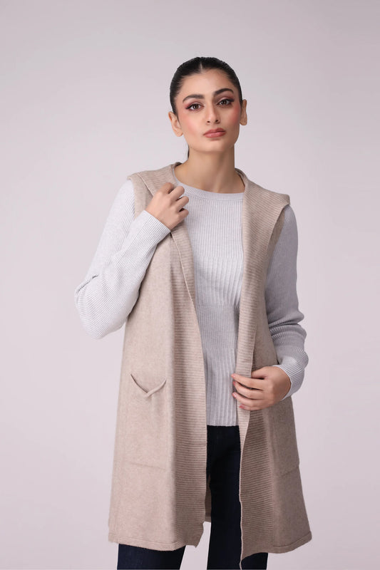 Front Open Sleeveless Cardigan With Hood Women China-Sweater Winter 2024 Knit Story COUGAR- (Women Winter 2024) FSZ Tea Pink Women