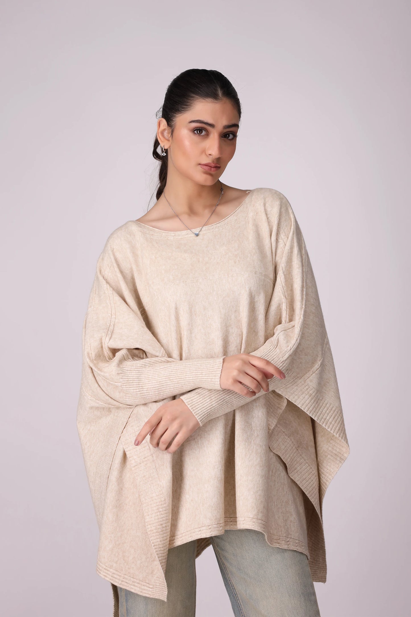 Poncho Sweater With Side Slits Women China-Sweater Winter 2024 Knit Story COUGAR- (Women Winter 2024) FSZ Beige Women