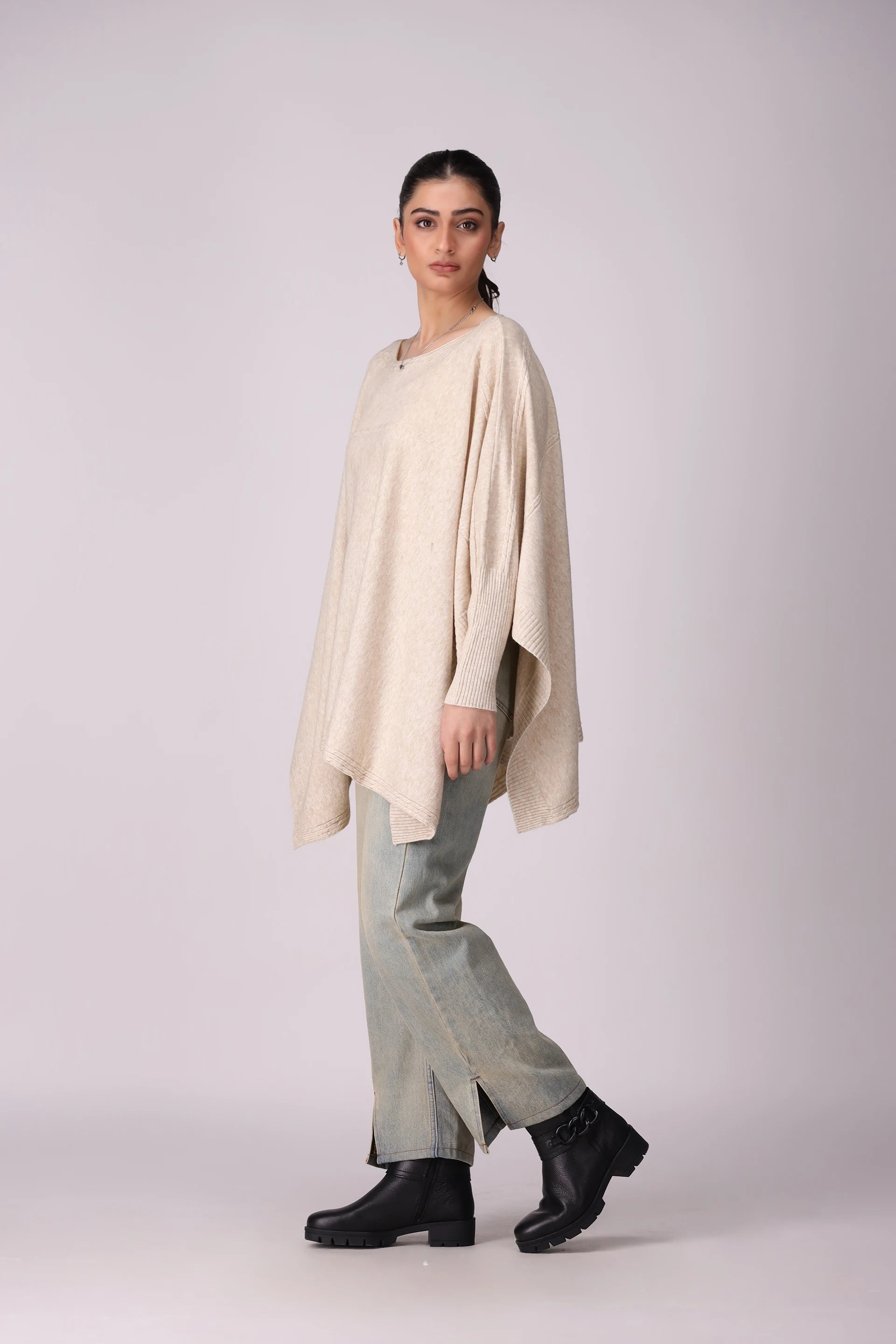 Poncho Sweater With Side Slits Women China-Sweater Winter 2024 Knit Story COUGAR- (Women Winter 2024)