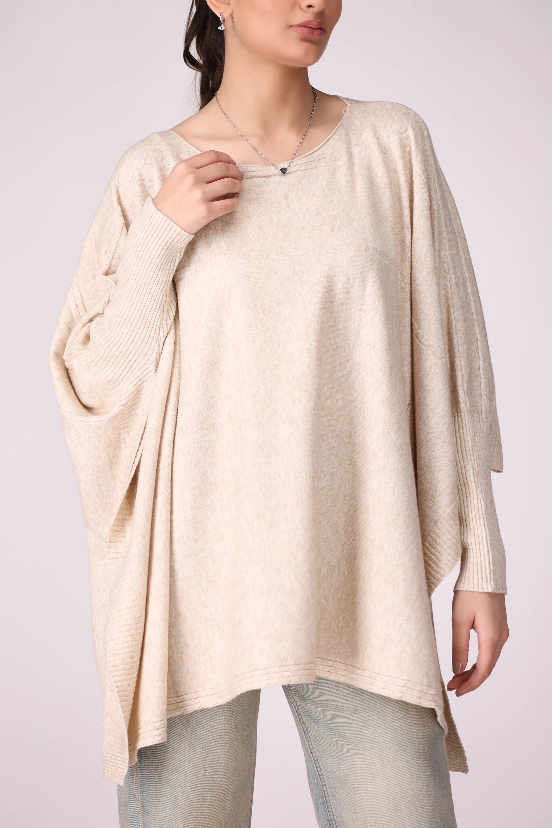 Poncho Sweater With Side Slits Women China-Sweater Winter 2024 Knit Story COUGAR- (Women Winter 2024)