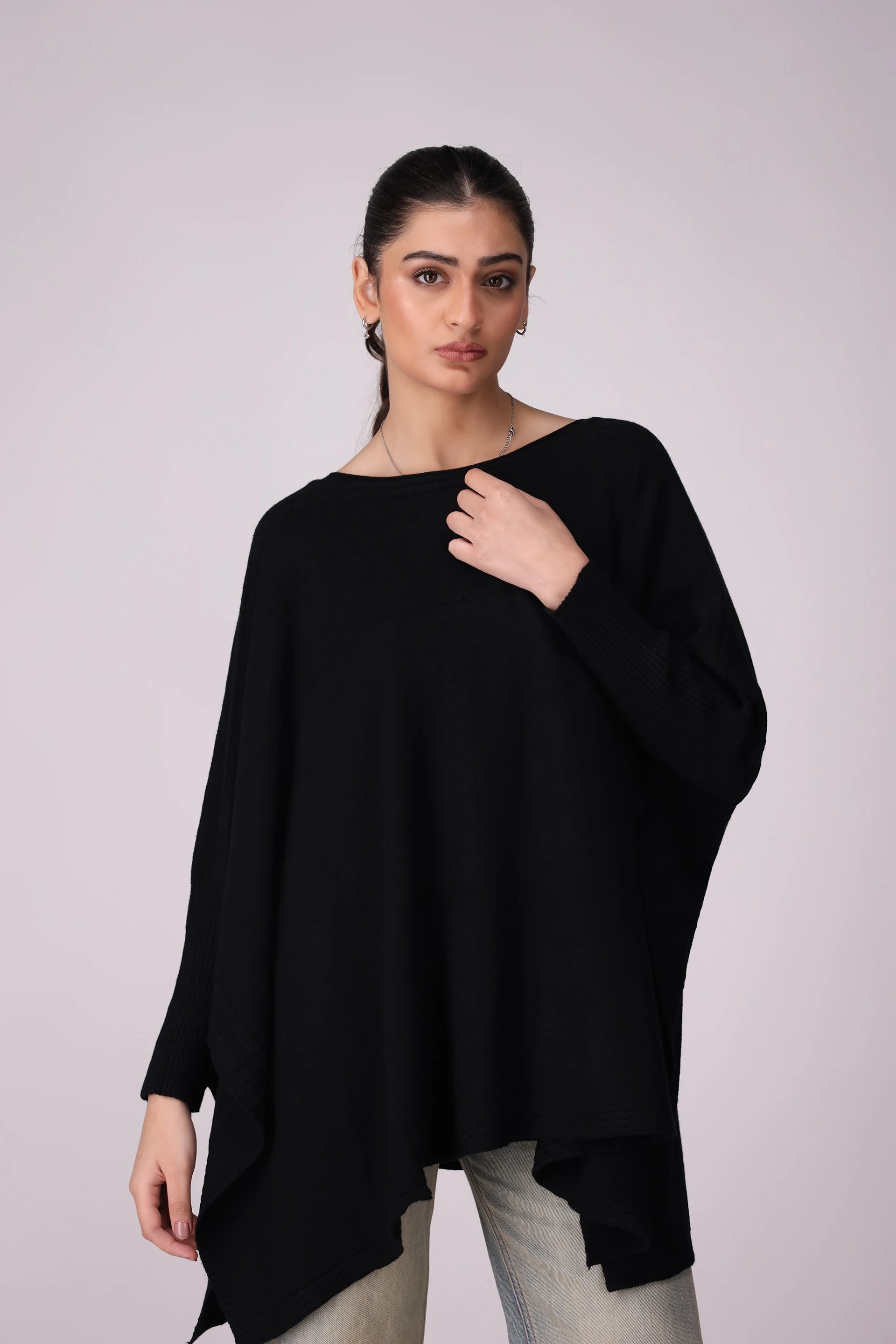 Poncho Sweater With Side Slits Women China-Sweater Winter 2024 Knit Story COUGAR- (Women Winter 2024) FSZ Black Women