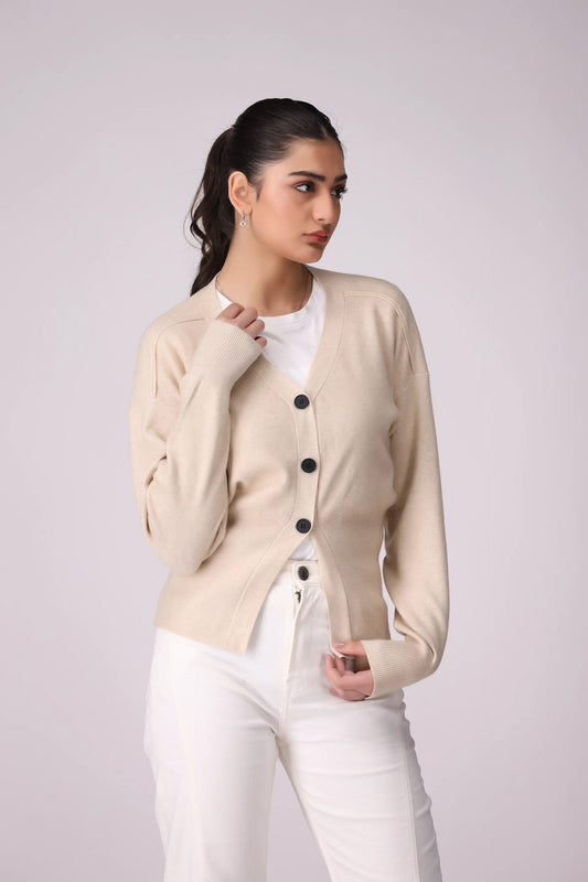 V-Neck Button Down Cardigan Women China-Sweater Winter 2024 Knit Story COUGAR- (Women Winter 2024) FSZ Beige Women