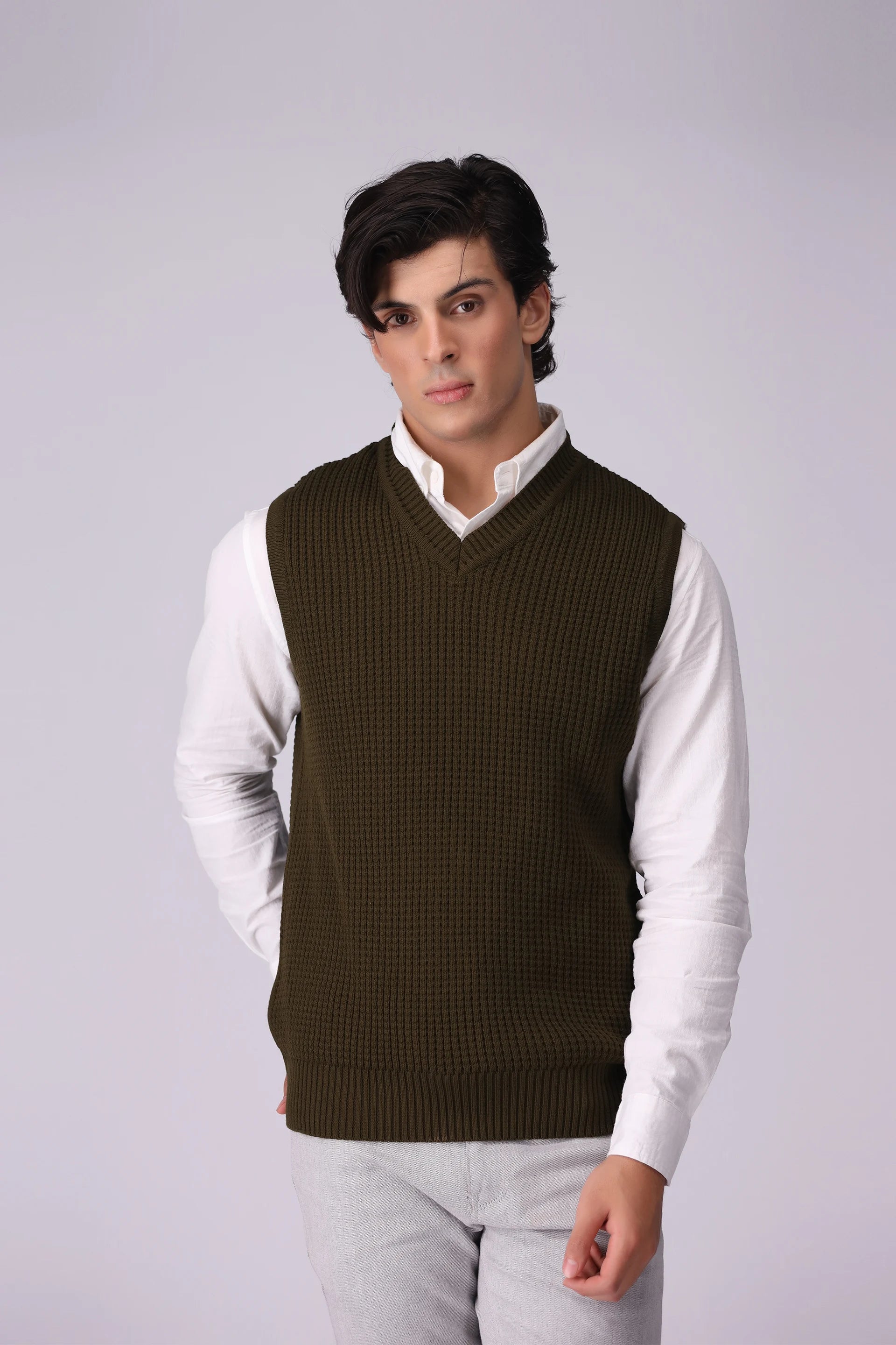 V-Neck Sweater Vest Men Sweater Winter 2024 COUGAR- (Men Winter 2024) M Olive 