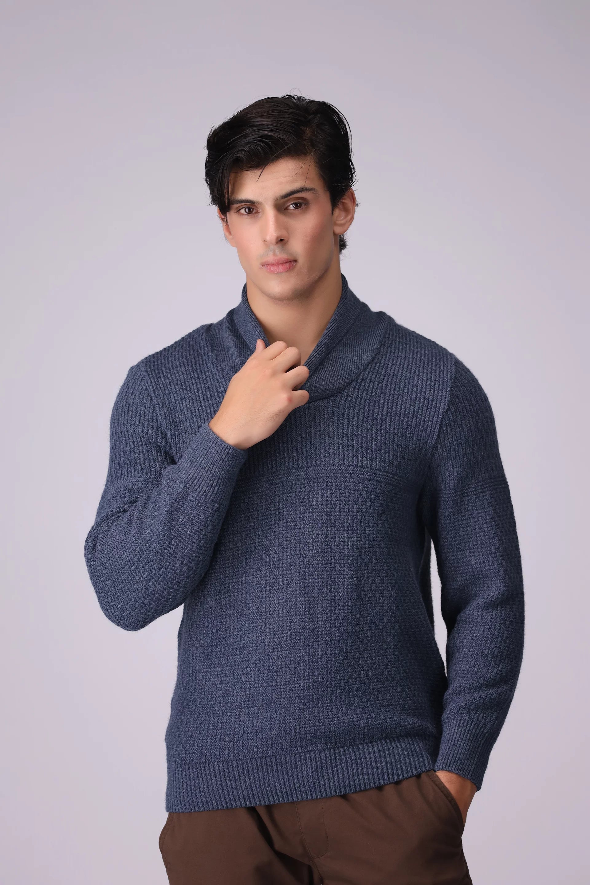 Shawl Neck Textured Knitted Sweater Men Sweater Winter 2024 Knit Story COUGAR- (Men Winter 2024) M Blue 