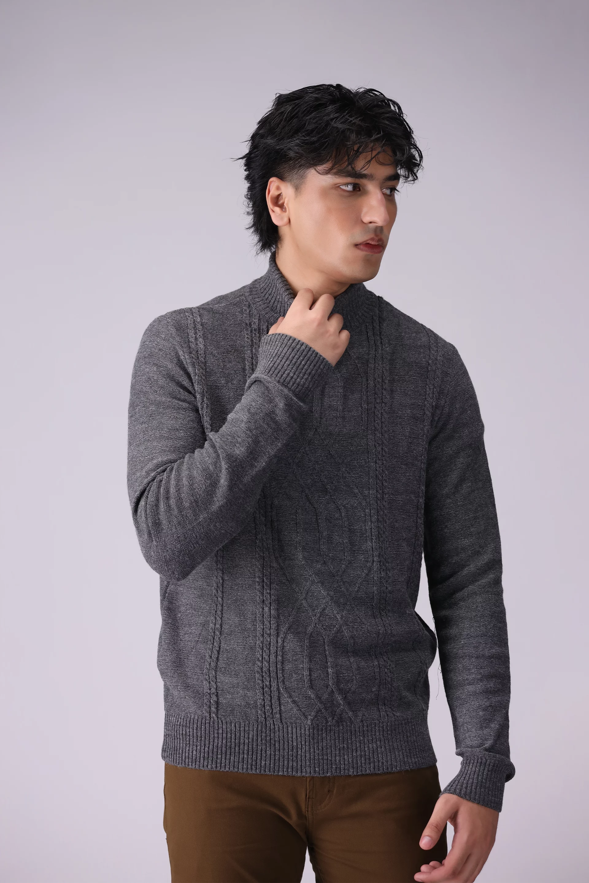 Roll Neck Cable Knit Sweater Men Sweater Winter 2024 Knit Story COUGAR- (Men Winter 2024) M Charcoal 