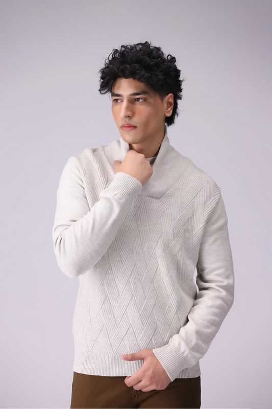 Shawl Neck Texture Sweater Men Sweater Winter 2024 Knit Story COUGAR- (Men Winter 2024) M Off White 