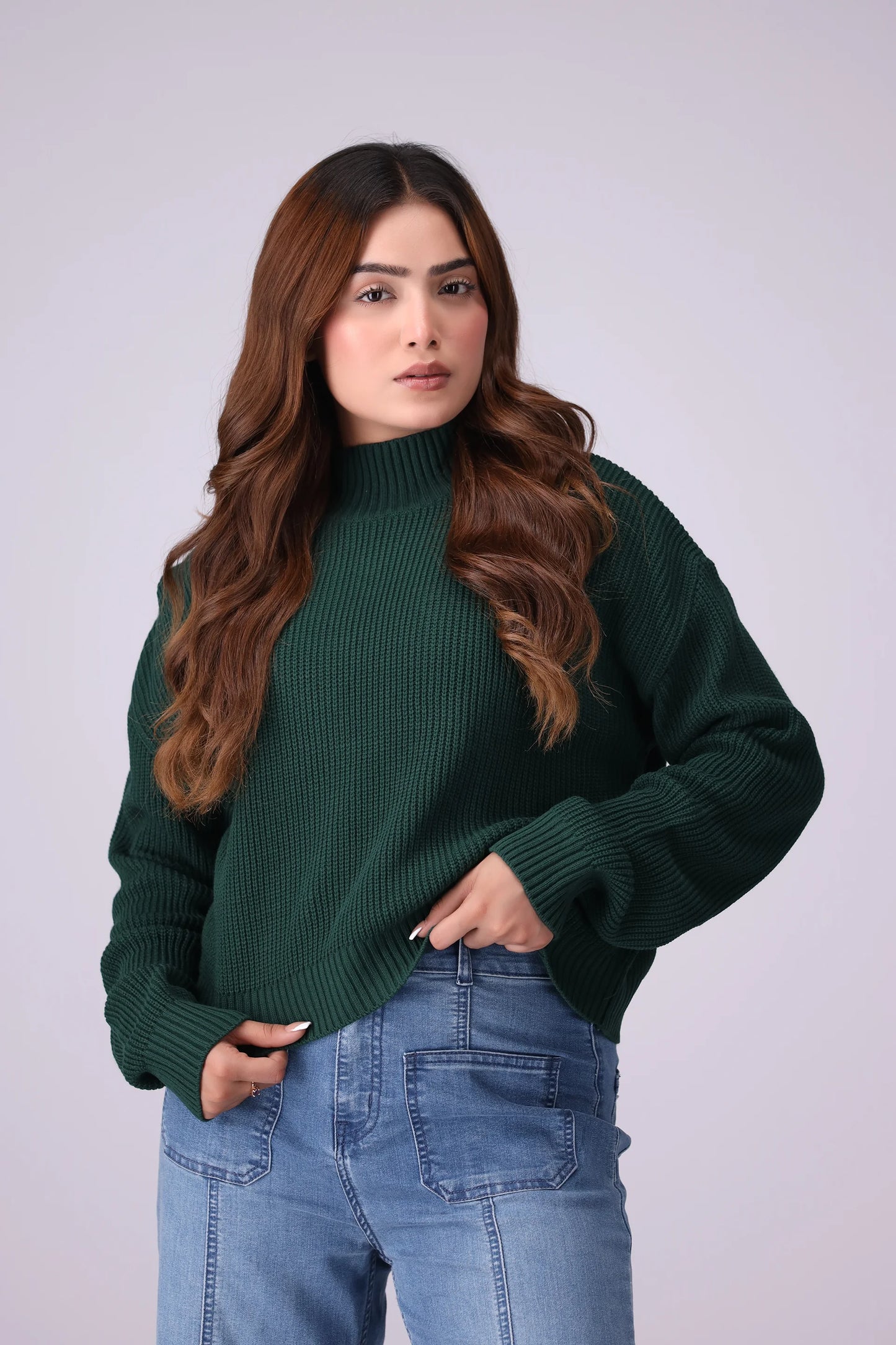 Mock Neck Sweater Women Sweater Winter 2024 Knit Story COUGAR- (Women Winter 2024) SM Green 