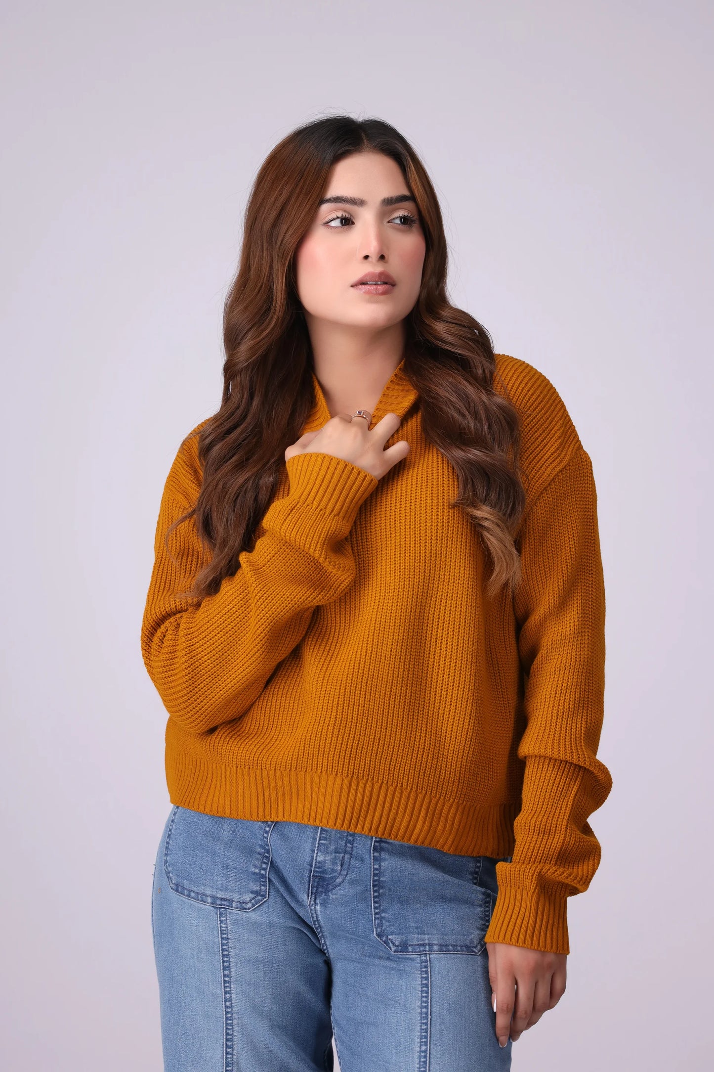 Mock Neck Sweater Women Sweater Winter 2024 Knit Story COUGAR- (Women Winter 2024) SM Mustard 