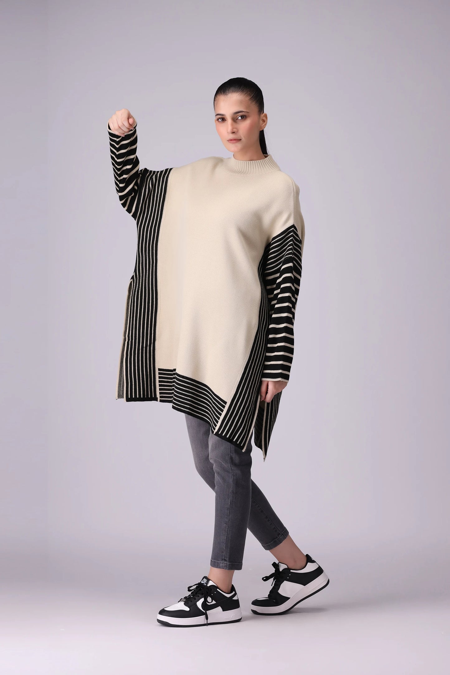 High Slit Detail Striped Sweater Women Sweater Winter 2024 Knit Story COUGAR- (Women Winter 2024)   