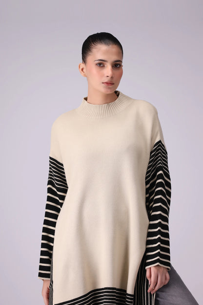 High Slit Detail Striped Sweater Women Sweater Winter 2024 Knit Story COUGAR- (Women Winter 2024) FSZ Sand Women