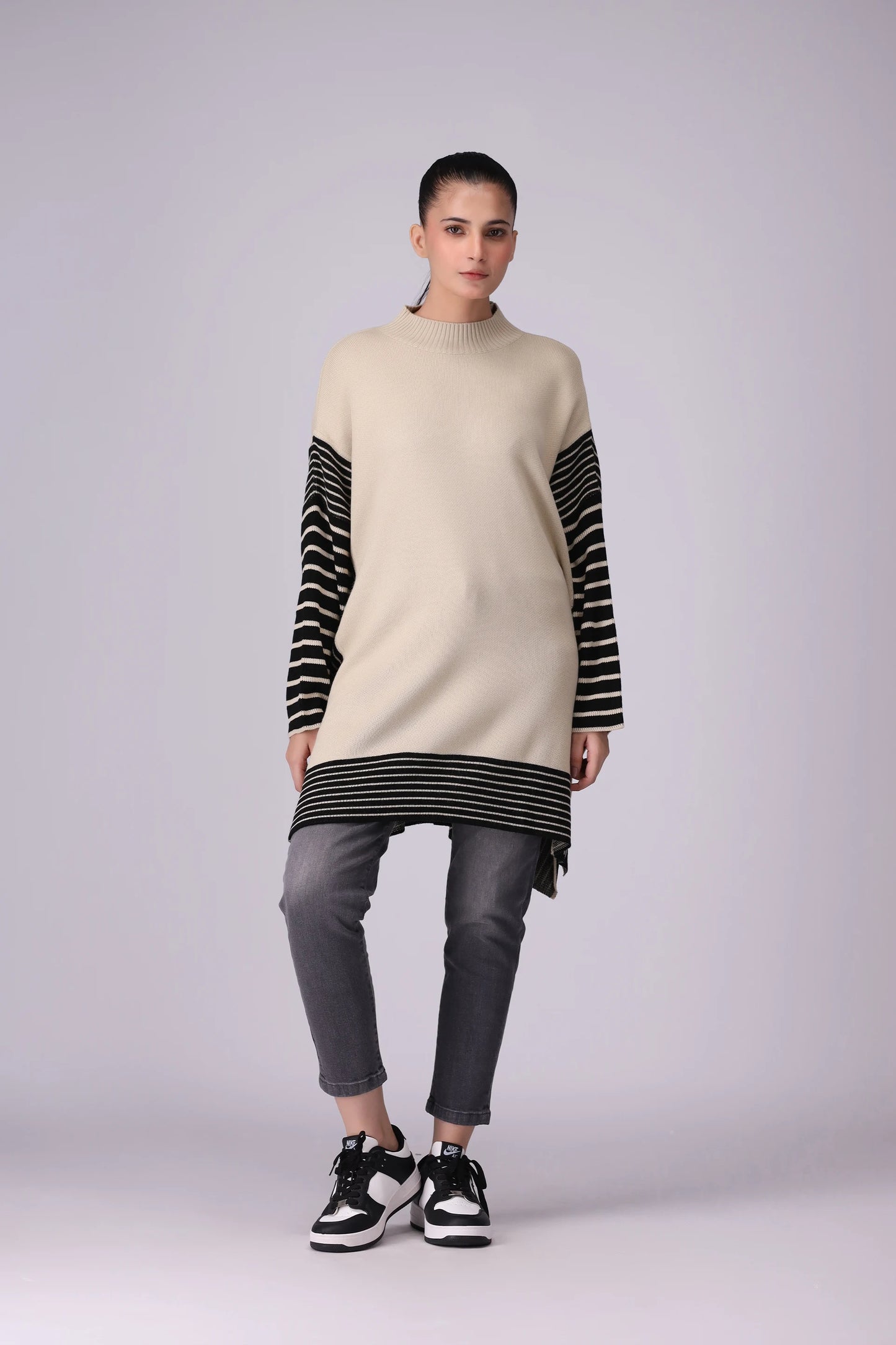 High Slit Detail Striped Sweater Women Sweater Winter 2024 Knit Story COUGAR- (Women Winter 2024)   