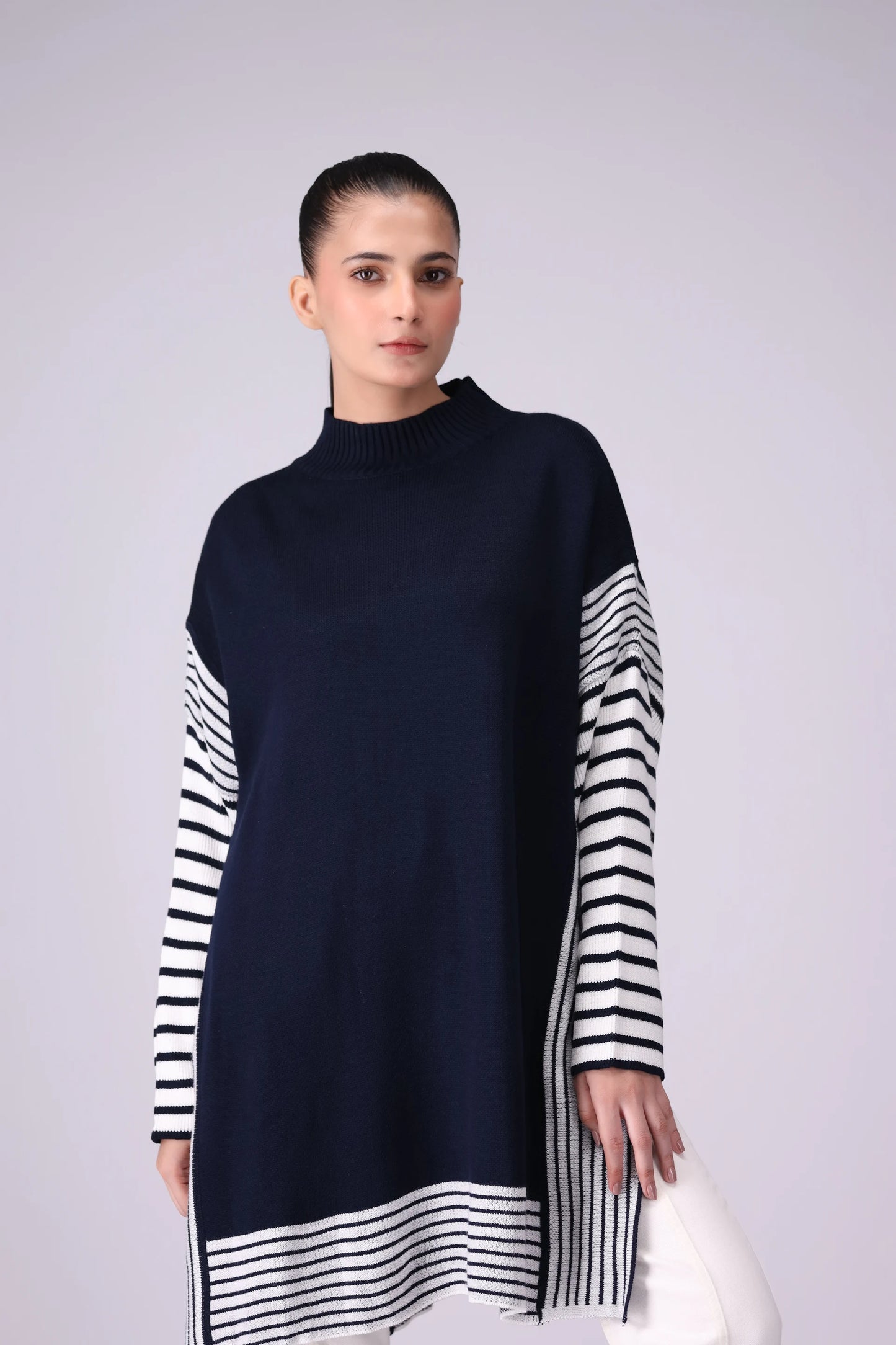 High Slit Detail Striped Sweater Women Sweater Winter 2024 Knit Story COUGAR- (Women Winter 2024) FSZ Navy 