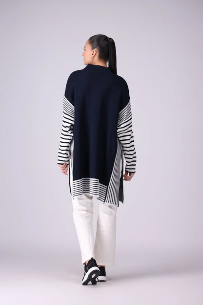 High Slit Detail Striped Sweater Women Sweater Winter 2024 Knit Story COUGAR- (Women Winter 2024)   