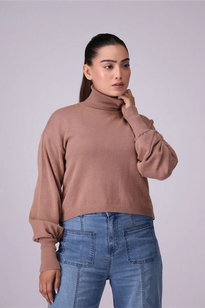 Shimmery Roll Neck Sweater Women Sweater Winter 2024 Knit Story COUGAR- (Women Winter 2024) SM Brown 