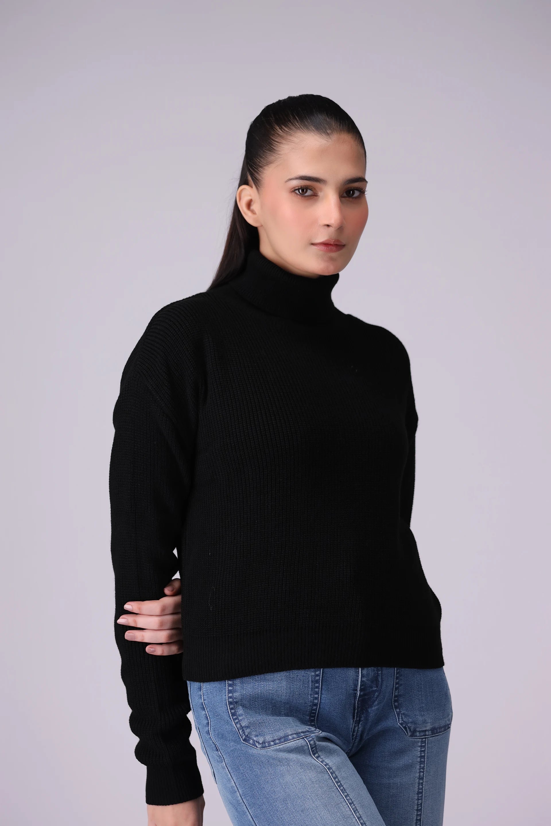 Roll Neck Knitted Sweater Women Sweater Winter 2024 Knit Story COUGAR- (Women Winter 2024) SM Black 