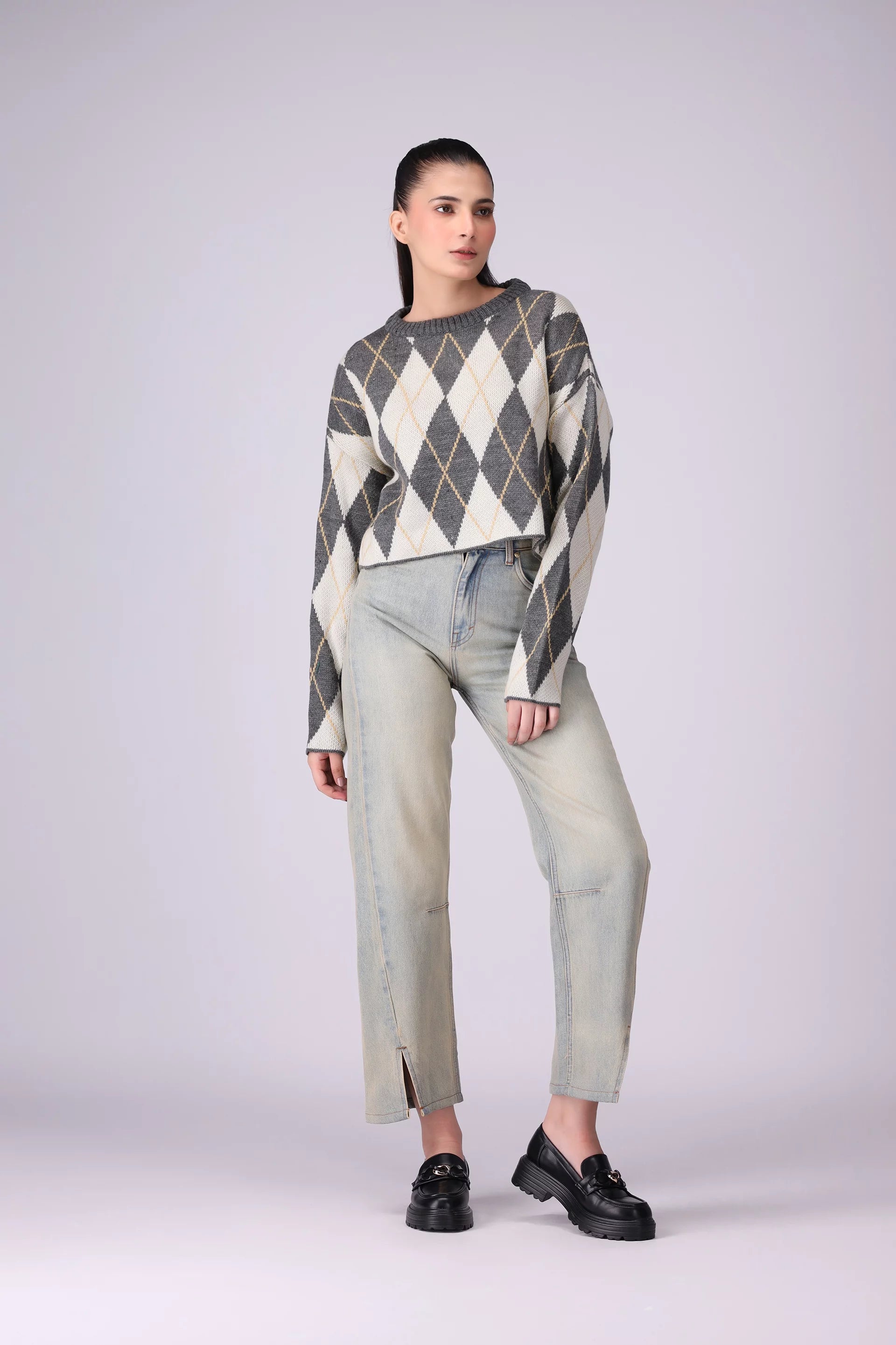 Argyle Cropped Jacquard-Knit Pullover Women Sweater Winter 2024 Knit Story COUGAR- (Women Winter 2024)   