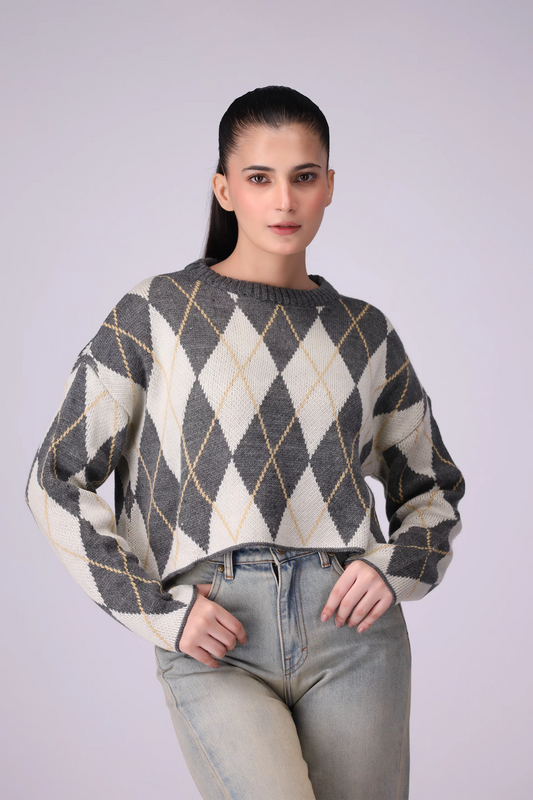 Argyle Cropped Jacquard-Knit Pullover Women Sweater Winter 2024 Knit Story COUGAR- (Women Winter 2024) SM Charcoal 