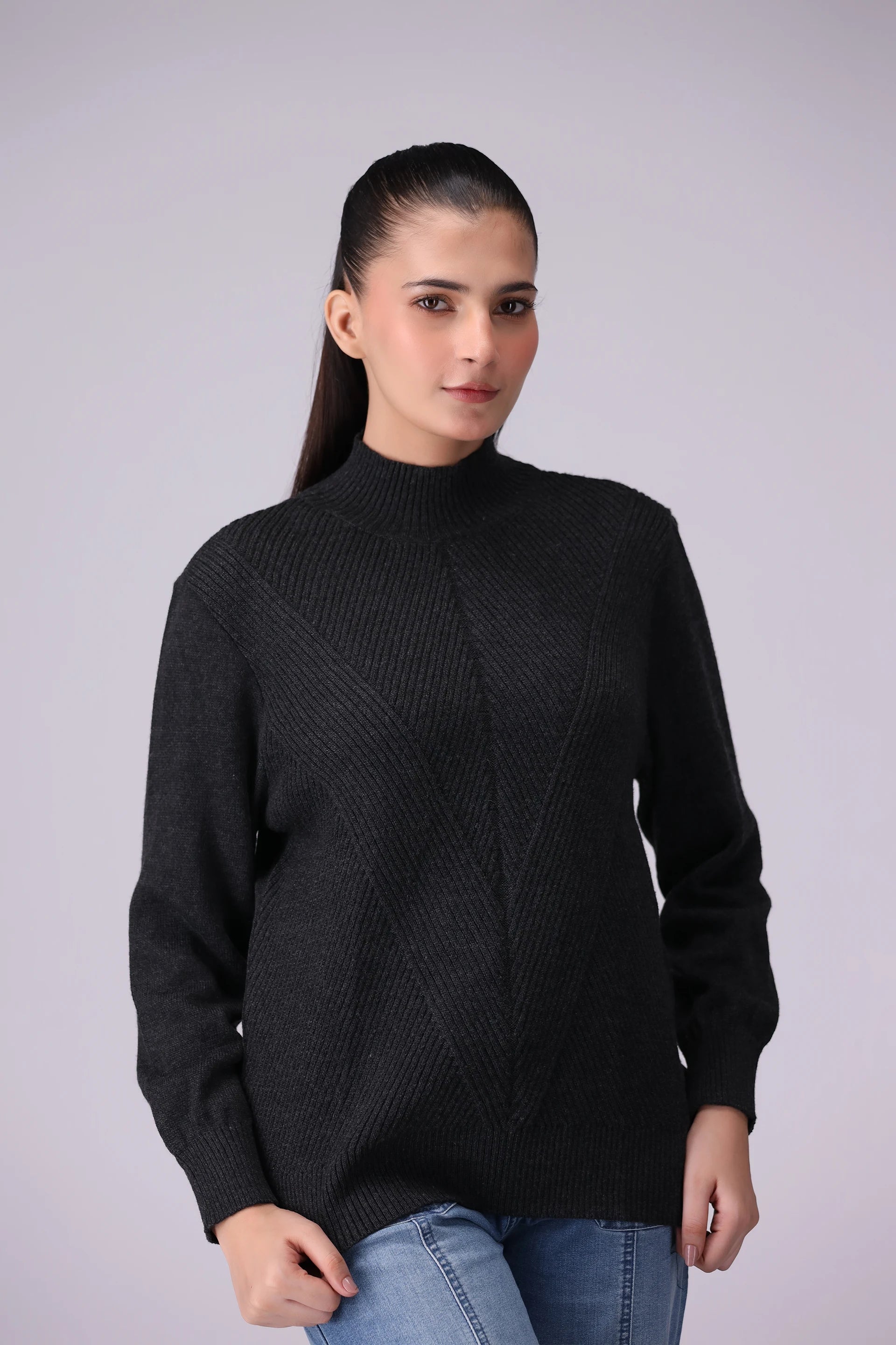 Mock Neck Sweater Women Sweater Winter 2024 Knit Story COUGAR- (Women Winter 2024) SM Charcoal 