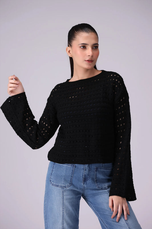 Crochet Knit Sweater Women Sweater Winter 2024 Knit Story COUGAR- (Women Winter 2024) SM Black 