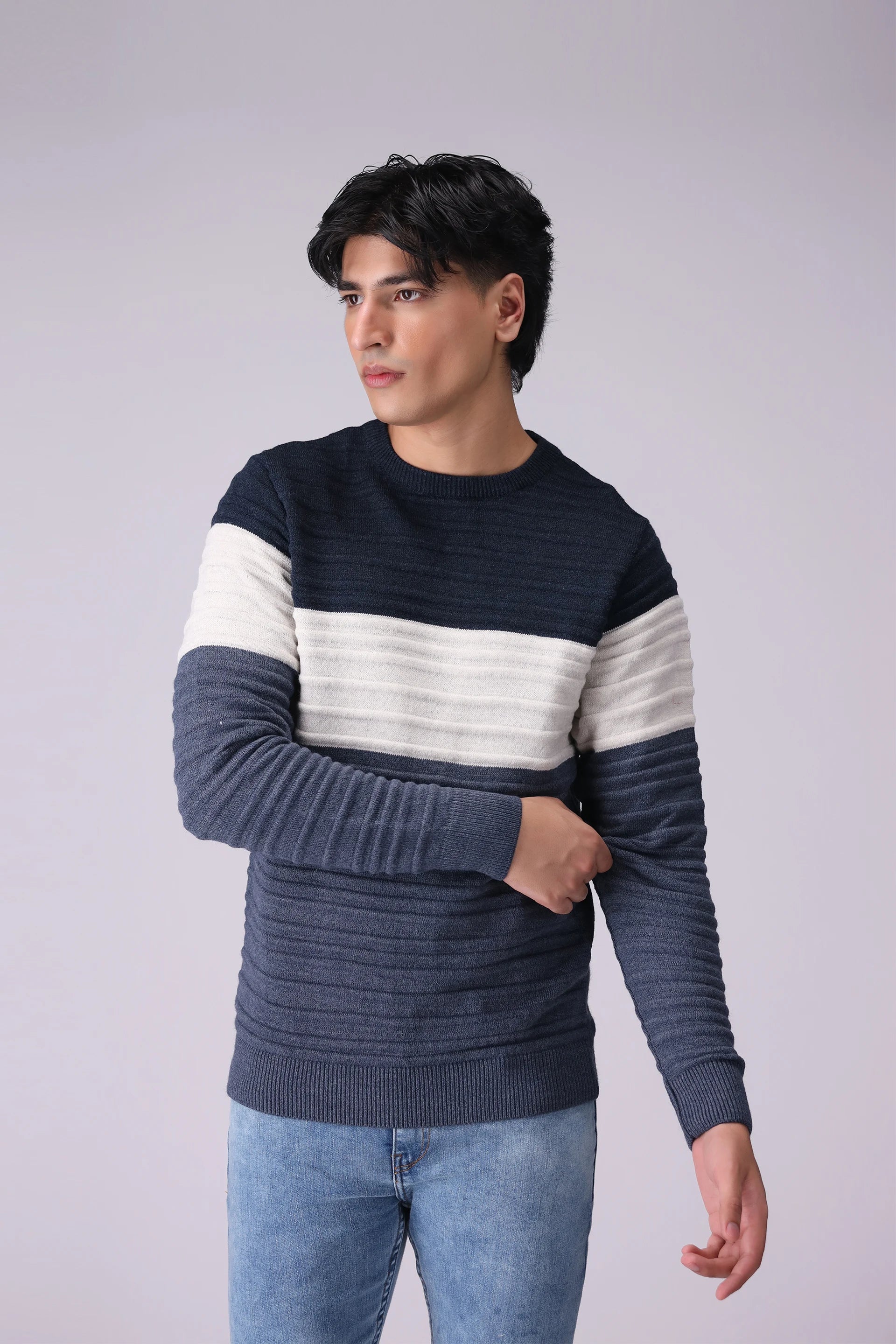 Color Block Knitted Sweater With Ridges Men Sweater Winter 2024 Knit Story COUGAR- (Men Winter 2024) M Navy 