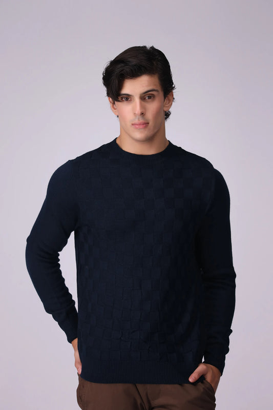 Square Pattern Knitted Sweater Men Sweater Winter 2024 Knit Story COUGAR- (Men Winter 2024) M Navy 