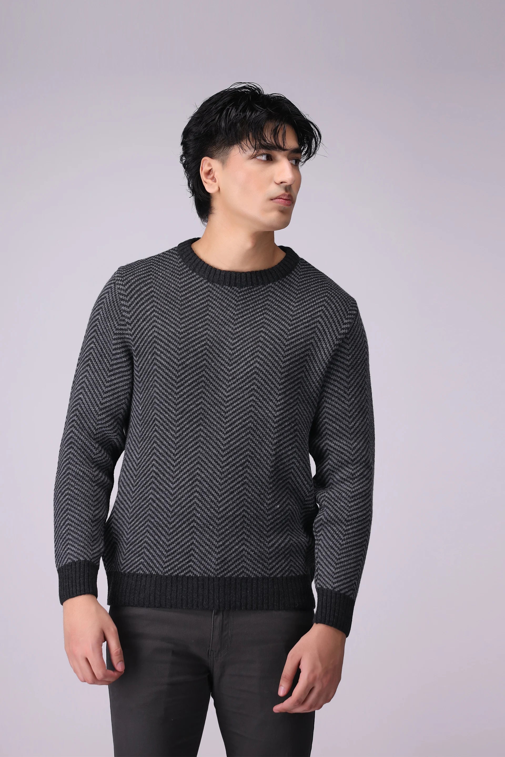 Herringbone Pattern Jacquard Sweater Men Sweater Winter 2024 Knit Story COUGAR- (Men Winter 2024)   