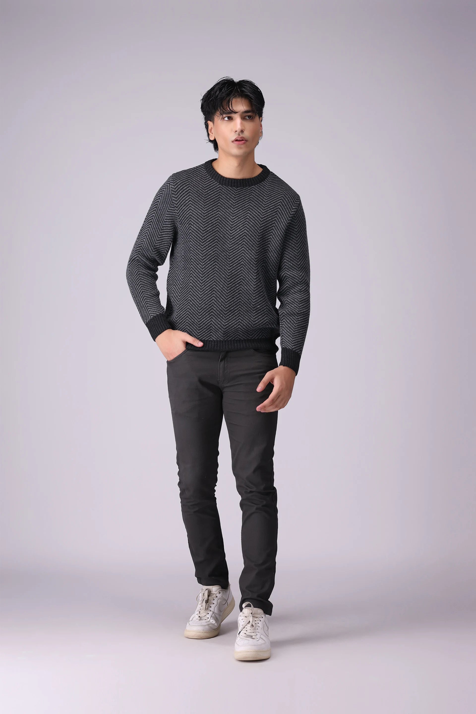 Herringbone Pattern Jacquard Sweater Men Sweater Winter 2024 Knit Story COUGAR- (Men Winter 2024)   