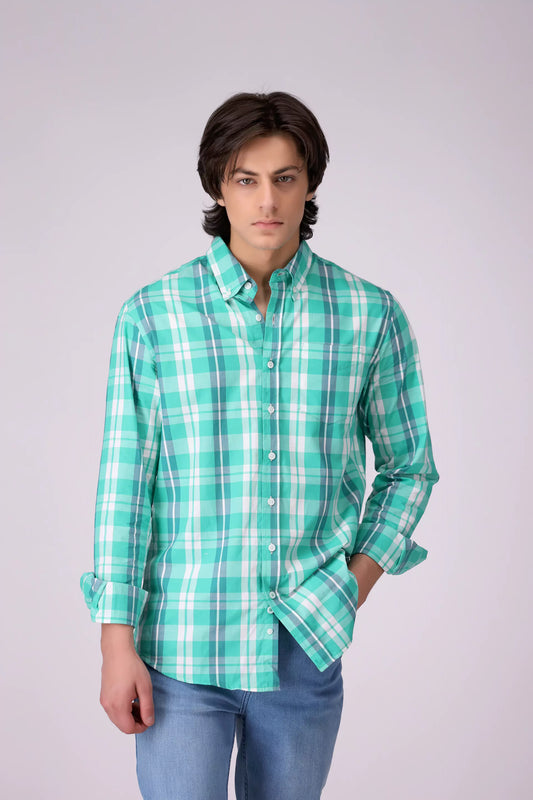 Regular Fit Button Down Check Shirt Men Shirt COUGAR (S V-1 2025) S Green Men