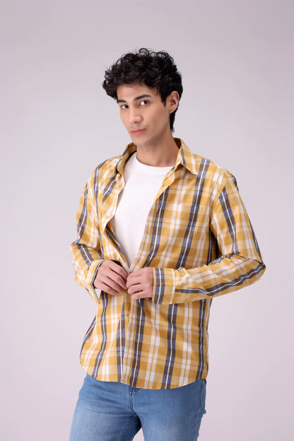 Regular Fit Button-Down Check Shirt Men Shirt COUGAR (S V-1 2025) S Mustard Men