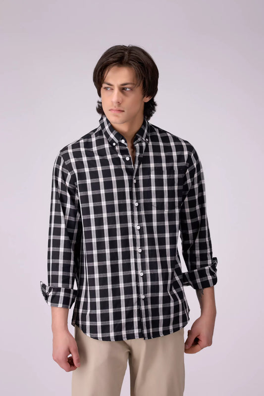 Regular Fit Button Down Check Shirt Men Shirt COUGAR (S V-1 2025) S Black Men