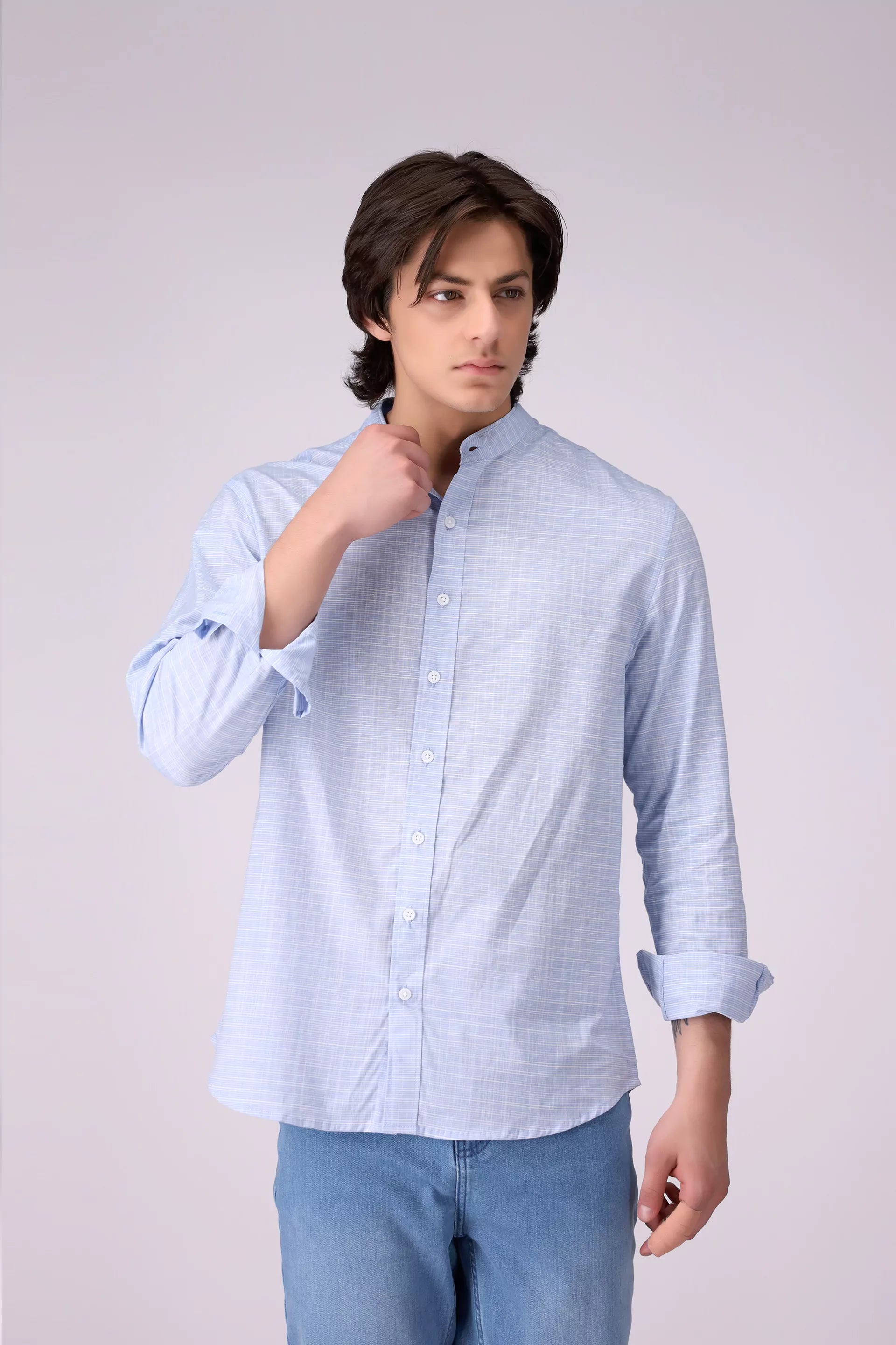 Regular Fit Mandarin Collar Shirt Men Shirt COUGAR (S V-1 2025) S Sky Blue Men