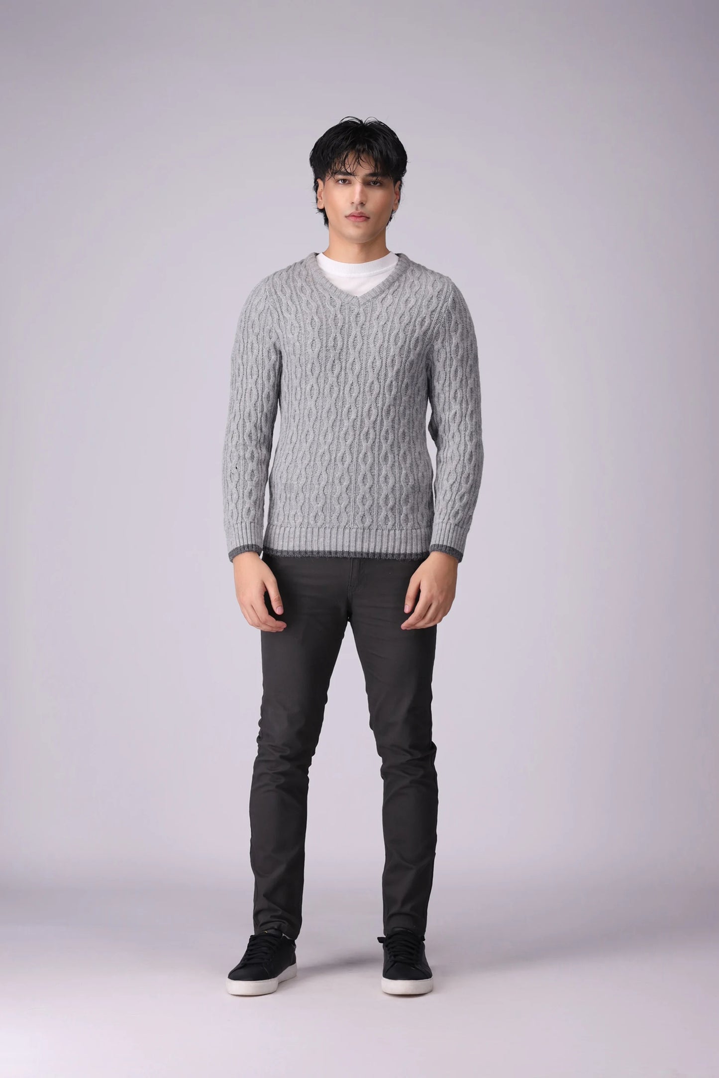 V-Neck Cable Knit Sweater Men Sweater Winter 2024 Knit Story COUGAR- (Men Winter 2024)   