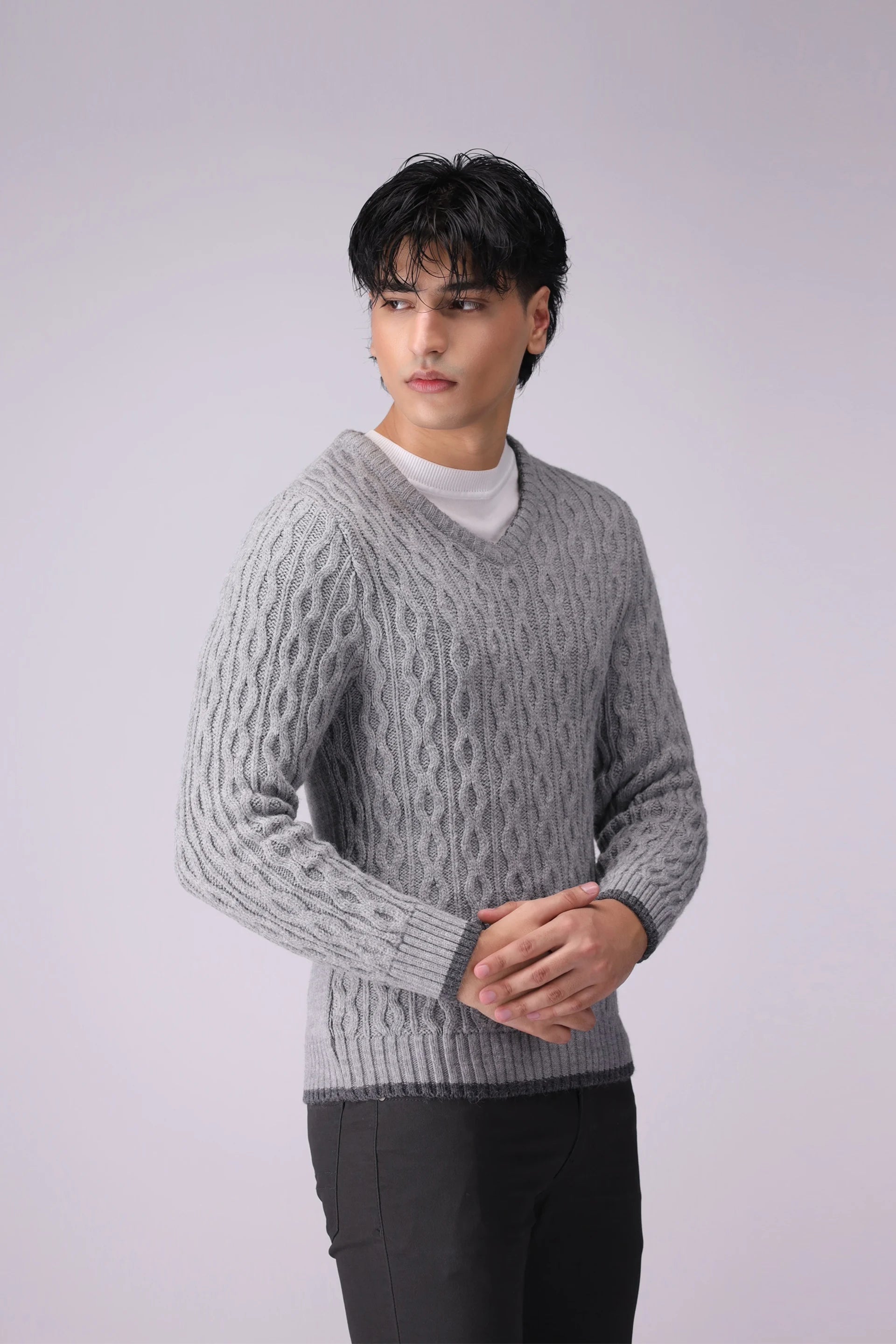 V-Neck Cable Knit Sweater Men Sweater Winter 2024 Knit Story COUGAR- (Men Winter 2024)   