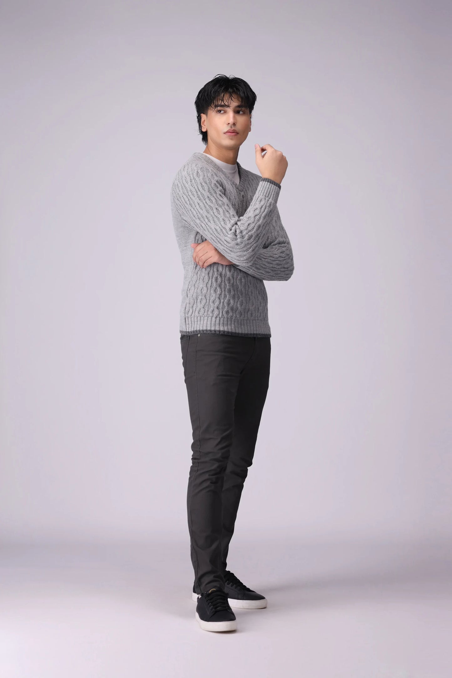 V-Neck Cable Knit Sweater Men Sweater Winter 2024 Knit Story COUGAR- (Men Winter 2024)   