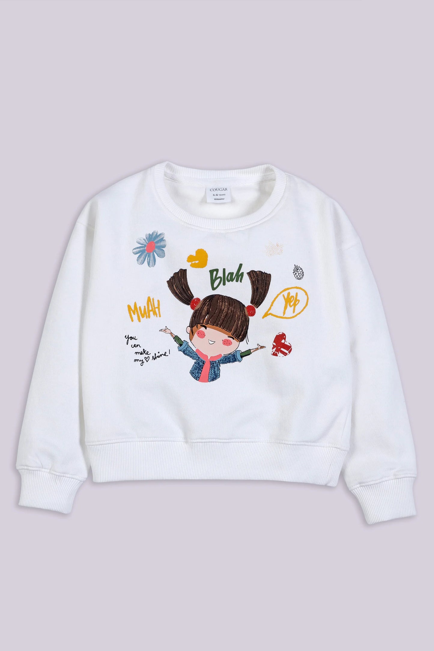 Crew Neck Graphic Sweatshirt Girl Sweatshirt Winter 2024 COUGAR- (Girl Junior Winter 2024) 5-6 Y White 