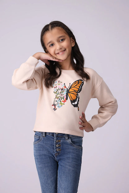 Butterfly Printed Sweatshirt Girl Sweatshirt Winter 2024 COUGAR- (Girl Junior Winter 2024) 5-6 Y Beige 