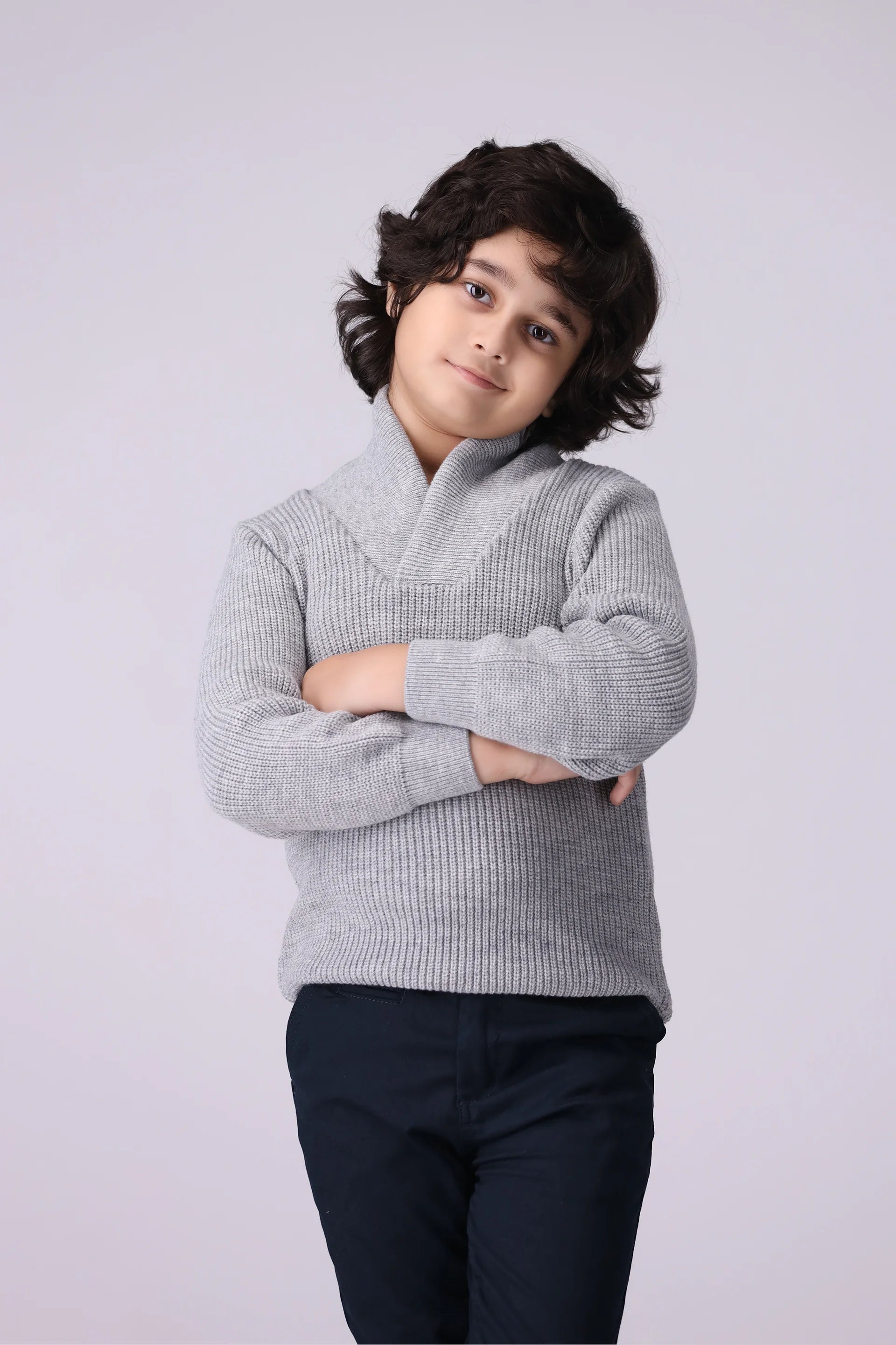 Shawl Neck Knitted Sweater Boy Sweater Winter 2024 COUGAR- (Boy Junior Winter 2024) 5-6 Y Grey 