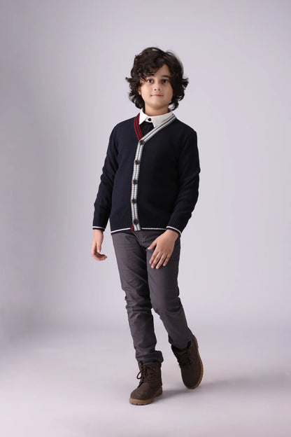 Trimmed Button-Through Cardigan Boy Sweater Winter 2024 COUGAR- (Boy Junior Winter 2024)   